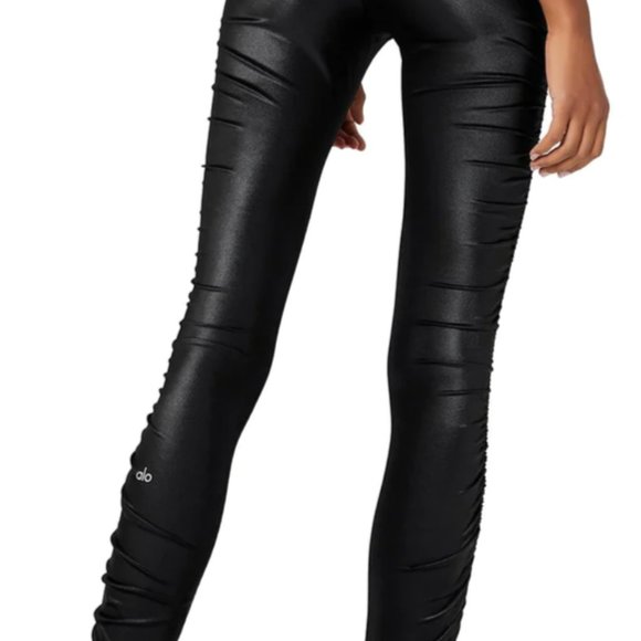 Alo Yoga High Waist Ruched Cinched Leggings Black Shine Size Medium NWT - Picture 2 of 6